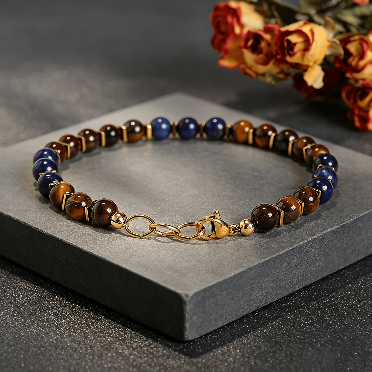 Natural Tiger's Eye & Lapis Lazuli Beaded Bracelet, Unisex Adjustable